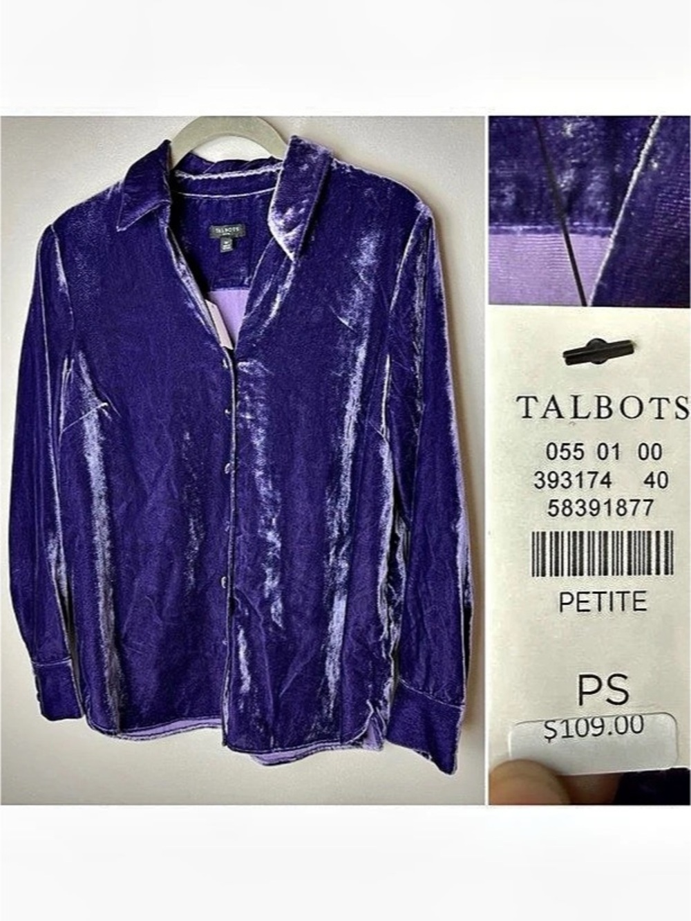 NWT Talbots Size Small Petite SP Purple Velvet Button Front Shirt Blouse Holida